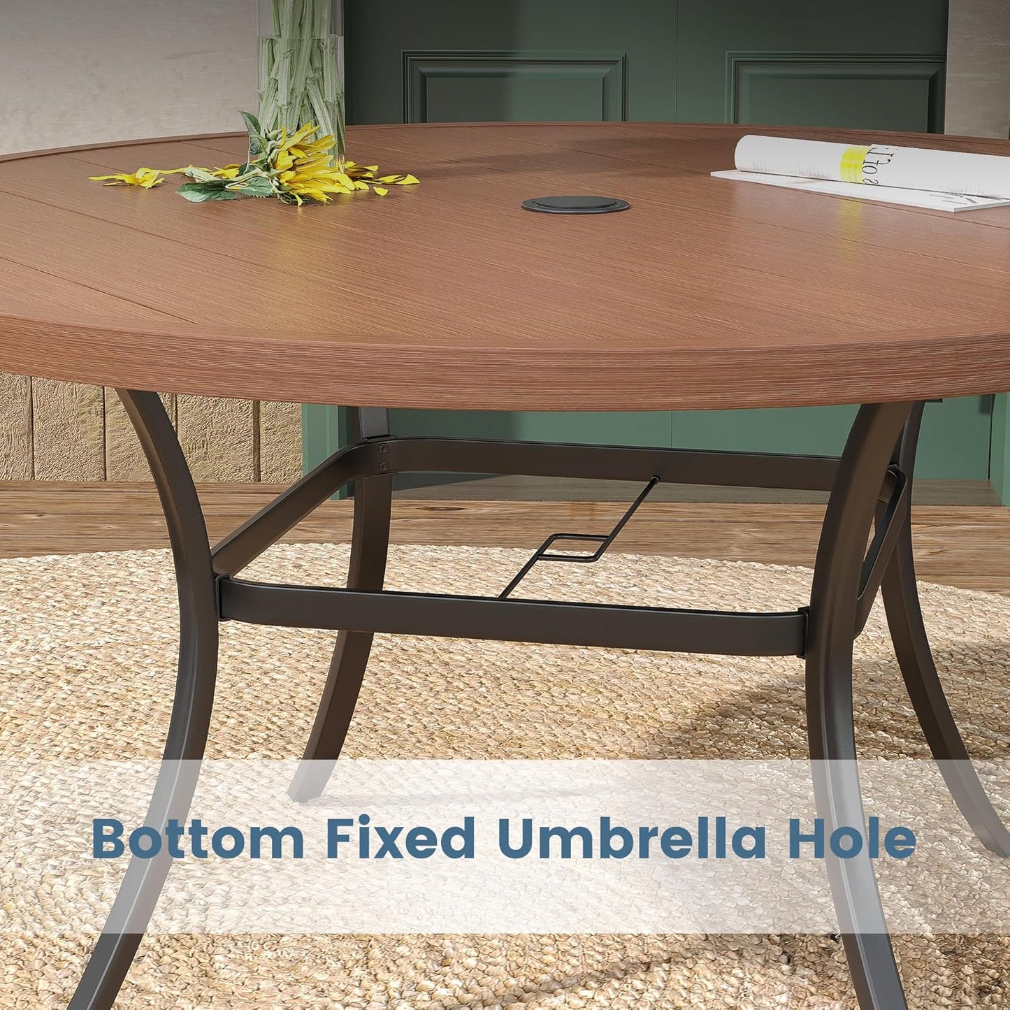 DIFY 50" Round Outdoor Patio Dining Table for 6, Metal Patio Table with 1.57" Adjustable Umbrella Hole, All-Weather Dining Furniture Table for Backyard Lawn Garden, Walnut