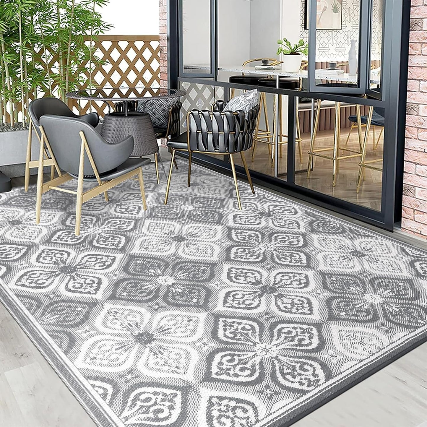 Pauwer Waterproof Outdoor Rug 9x12, Reversible Plastic Straw Patio Camping Rug, Indoor Outdoor RV Mat Carpet for Deck, Camper, Porch, Balcony, Backyard, Picnic, Clover Grey