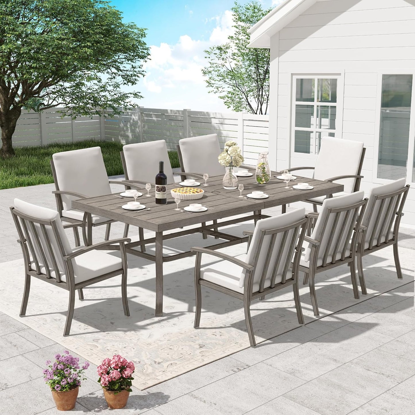 HAPPATIO Outdoor Dining Table for 8, Aluminum Rectangle Outdoor Dining Table with Umbrella Hole, All-Weather Aluminum Patio Dining Table for Garden Yard Poolside, Only Table, Grey