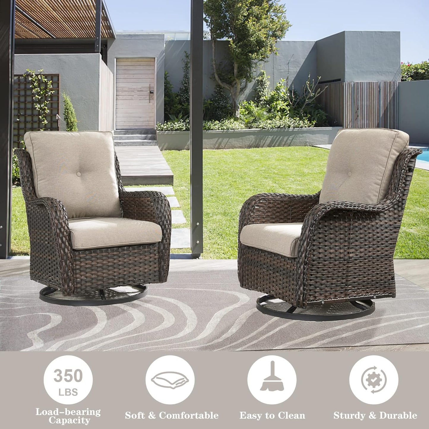 Outdoor Swivel Rcoker Patio Chairs - Outdoor Swivel Patio Chairs Set of 2 Wicker Chair Patio Furniture Sets with Covered Cushion for Porch Deck Balcony Garden, Beige