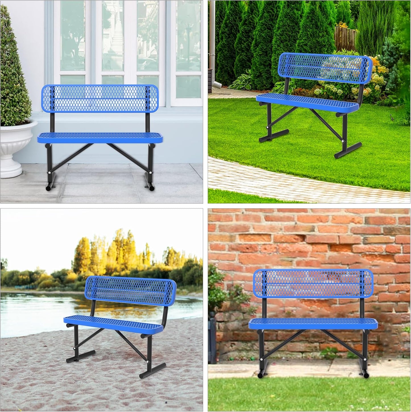 4 Feet Heavy Duty Metal Park Bench for Outside, Outdoor Steel Bench with Backrest & Portable Frame, Commercial Benches for Shopping Malls/Stores/Parks/Patios/Decks/School,Blue