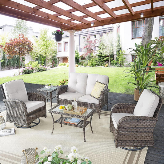 Outdoor Wicker Furniture Set with Swivel Chairs, 5 Piece Small Patio Conversation Sets with Rattan Loveseat Coffee Table for Patio Deck Porch Backyard, Brown Wicker Beige Cushion