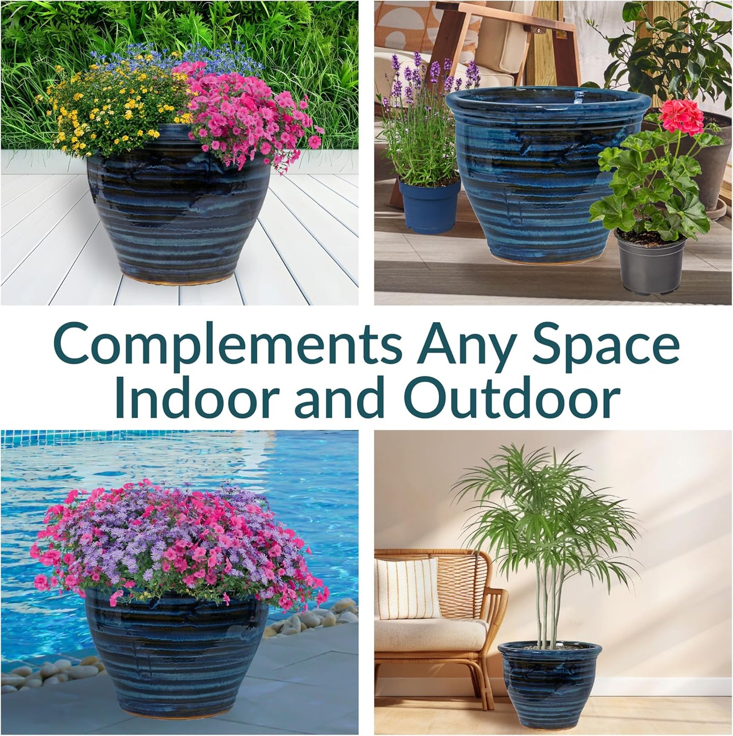 Sunnydaze Studio Large Ceramic Plant Pot - Round Outdoor Glazed Ceramic Planter Pot with Drainage - Galaxy Blue - 18.5"