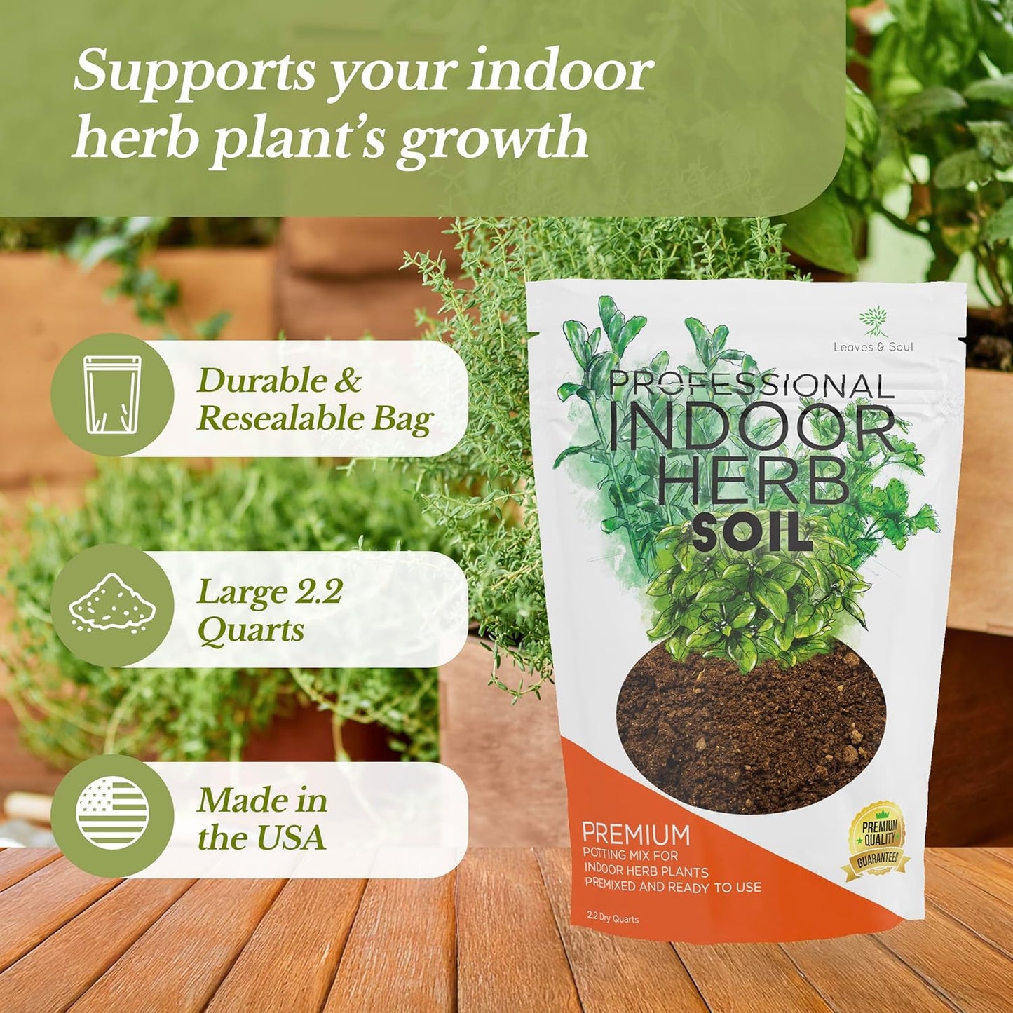 Professional Indoor Herb Plant Soil | Large 2.2 Quarts Ready to Use for Kitchen, Gardens, Cooking Herbs | Peat Moss, Coco Coir, Perlite, Dolomite | Made in USA