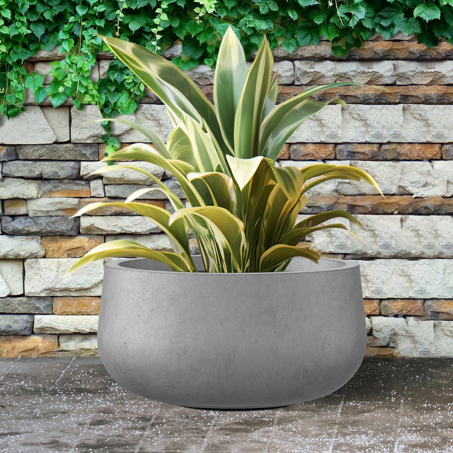 Kante 19.6" Dia Round Concrete Planter, Cement Plant Pots with Drainage Hole and Rubber Plug for Outdoor Indoor Garden Home, Modern Curvaceous Design, Natural Concrete