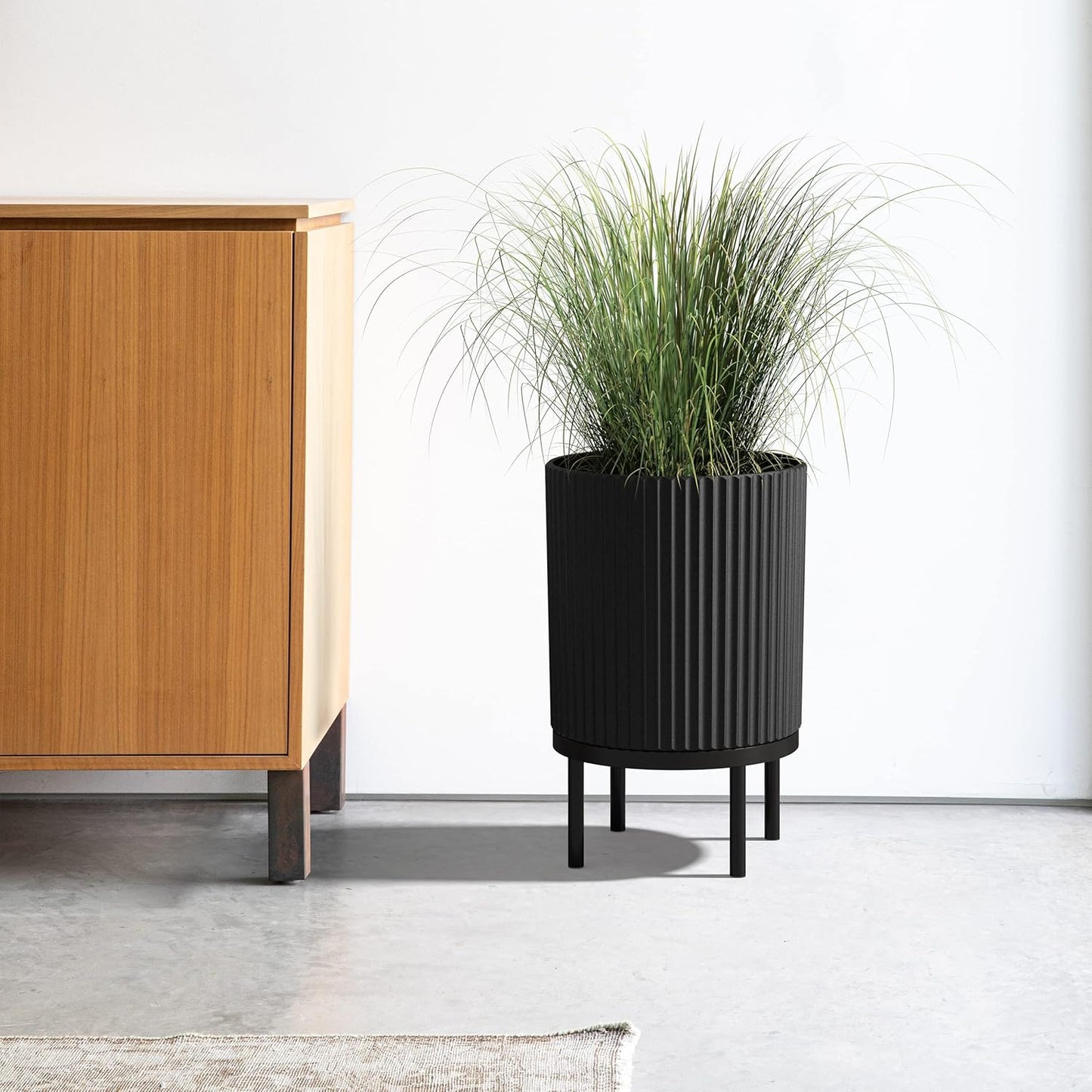 Veradek Demi Series Round Planter w/Stand for Porch/Patio | Durable Plastic-Stone Composite & Wooden Stand | Modern Décor for Tall Plants, Flowers