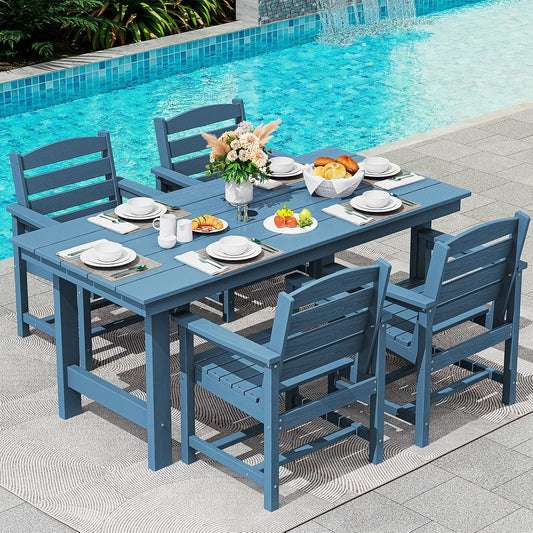 SERWALL Patio Table Set, Outdoor HDPE Dining Furniture with Umbrella Hole, All Weather for Lawn, Garden, Backyard, Poolside, Blue