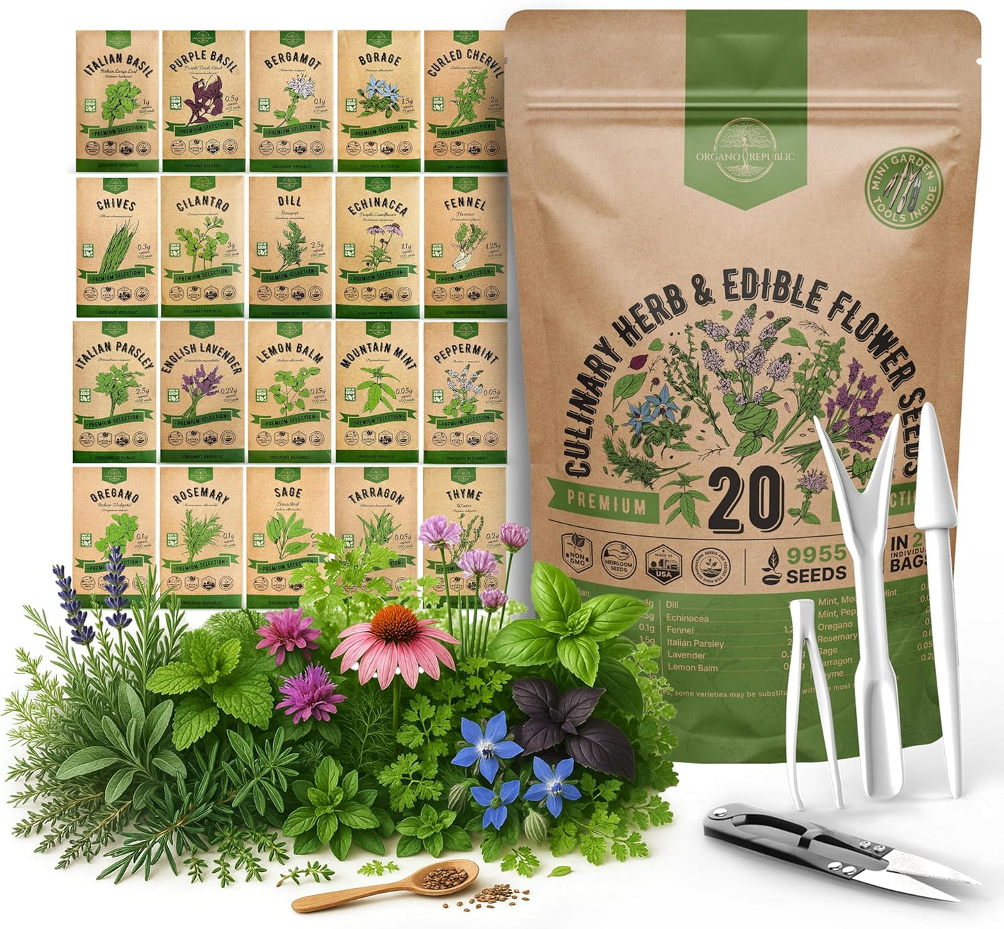 Organo Republic 20 Culinary Herbs & Edible Flower Seeds Variety Pack for Planting Indoor & Outdoor. 9500+ Non-GMO Heirloom Flower Garden Seeds: Basil, Borage, Echinacea, Lavender, Oregano & More