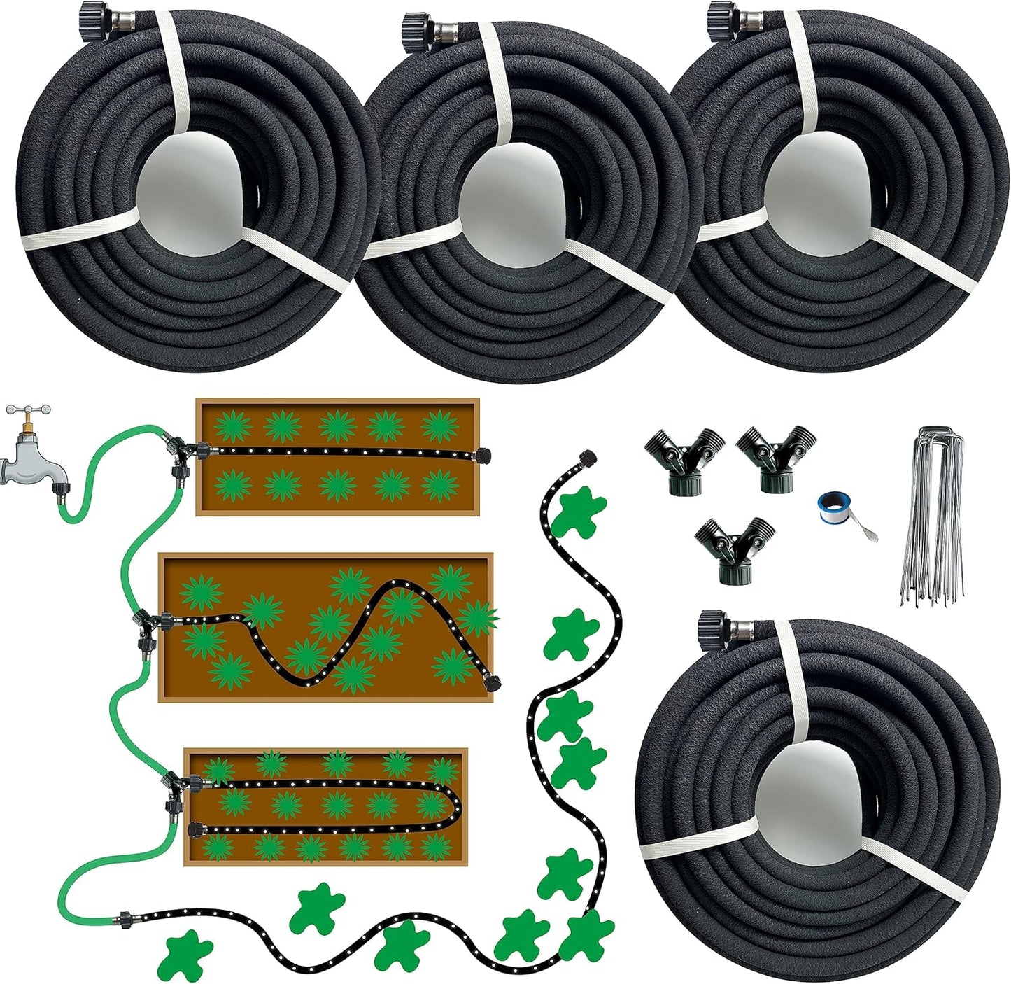 4 Pcs AMRITA Soaker Hose Kit 1/2 inch 15ft.Round Rubber Soaker Hose for Garden,Save water up to 70%,Great for Garden Beds,Trees,Vegetables,Flowers and Seedinds.(1/2-15ftx4)