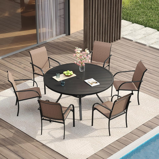 VICLLAX Patio Dining Set for 6, Outdoor Furniture Set Includes 47.2" Round Patio Table and 6 Patio Sling Chairs, Black Tabletop and Brown Fabric