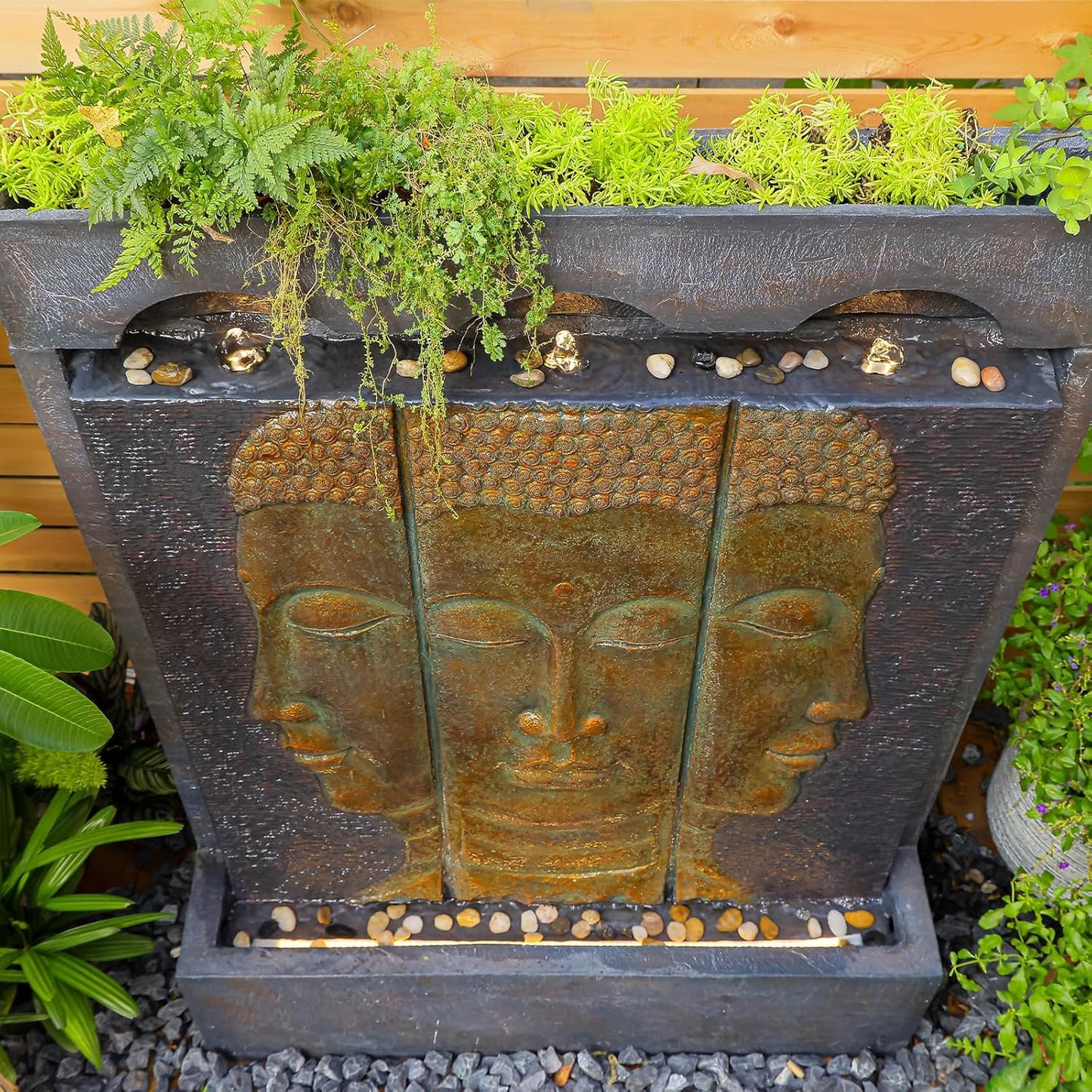 Zen Buddha Outdoor Fountain - Large Indoor Water Fountains Waterfall with Planting Groove Wall Water Feature for Garden Patio Backyard Deck Lawn Home Decor, 45 inchesTall, Gold