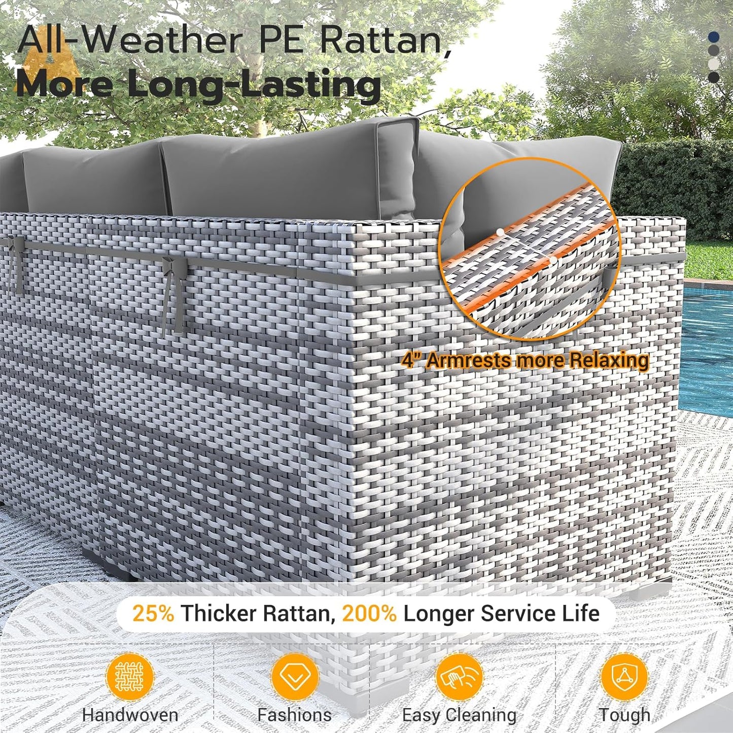 UDPATIO Patio Furniture Set with Fire Pit Table, 8 Piece Outdoor Sectional Modular Sofa, Wicker Outdoor Furniture Conversation Sets with Waterproof Cover for Backyard Deck(Grey/Dark Grey)