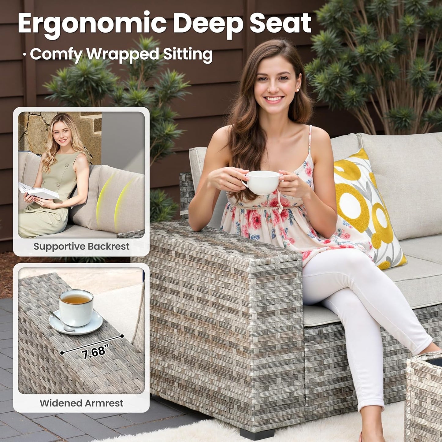 ovios 13 Pieces Patio Furniture Set, Outdoor Wicker Sectional Sofa with 42 Inch Fire Pit Table Comfy Cushions, Modern Modular Deep Seat Rattan Couch Conversation Set, Beige