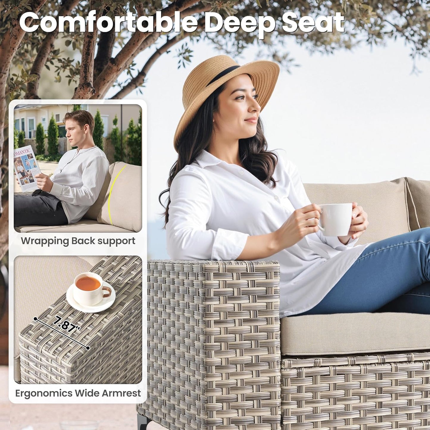 ovios 8 Pieces Patio Furniture Set Outdoor Sectional Sofa Couch with Rocking Swivel Chairs Deep Seat Chaise Comfy Cushions, Modern Modular Wicker Rattan Conversation Set, Beige