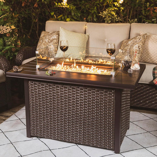 Nuu Garden Outdoor 43 Inch 50,000 BTU Propane Gas Fire Pit Table, Aluminum Tabletop and PE Rattan Weaved Steel Frame, Water-Proof Oxford Cover, Glass Fire Pit Wind Guard, Glass Beads, Lid, Dark Brown