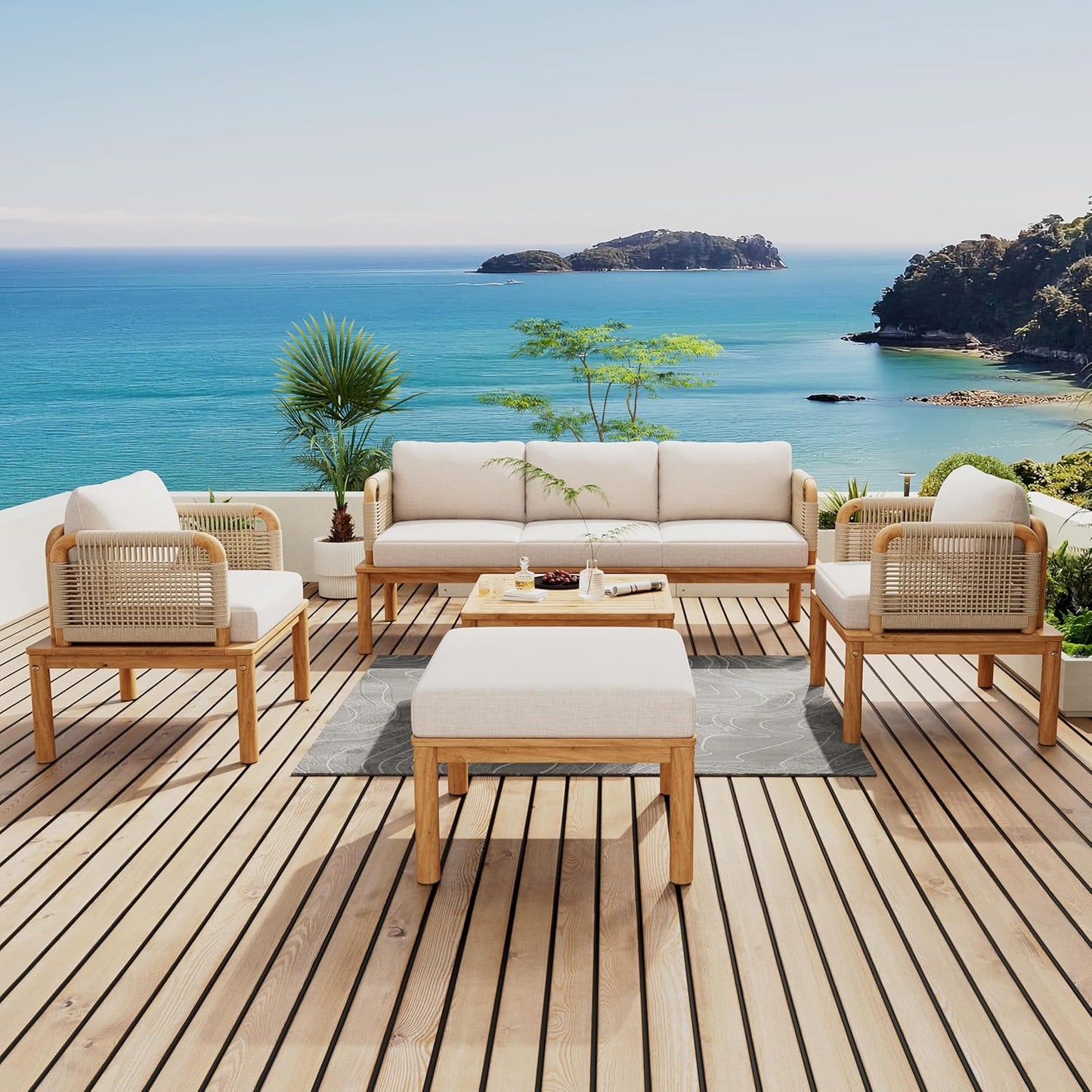 5-Piece Acacia Wood and Rope Patio Sofa Set, Outdoor Conversation Set with Acacia Wood Coffee Table and Ottoman, 2 Club Chair for Backyard Porch Garden Balcony