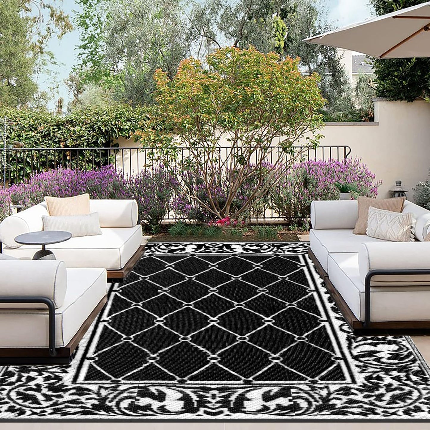 OutdoorLines Indoor Outdoor Rugs for Patio 4x6 ft - Reversible Outside Carpet, Stain & UV Resistant Portable RV Mats, Plastic Straw Rug for Camping, Pool Deck, Porch Rhombus Black & White