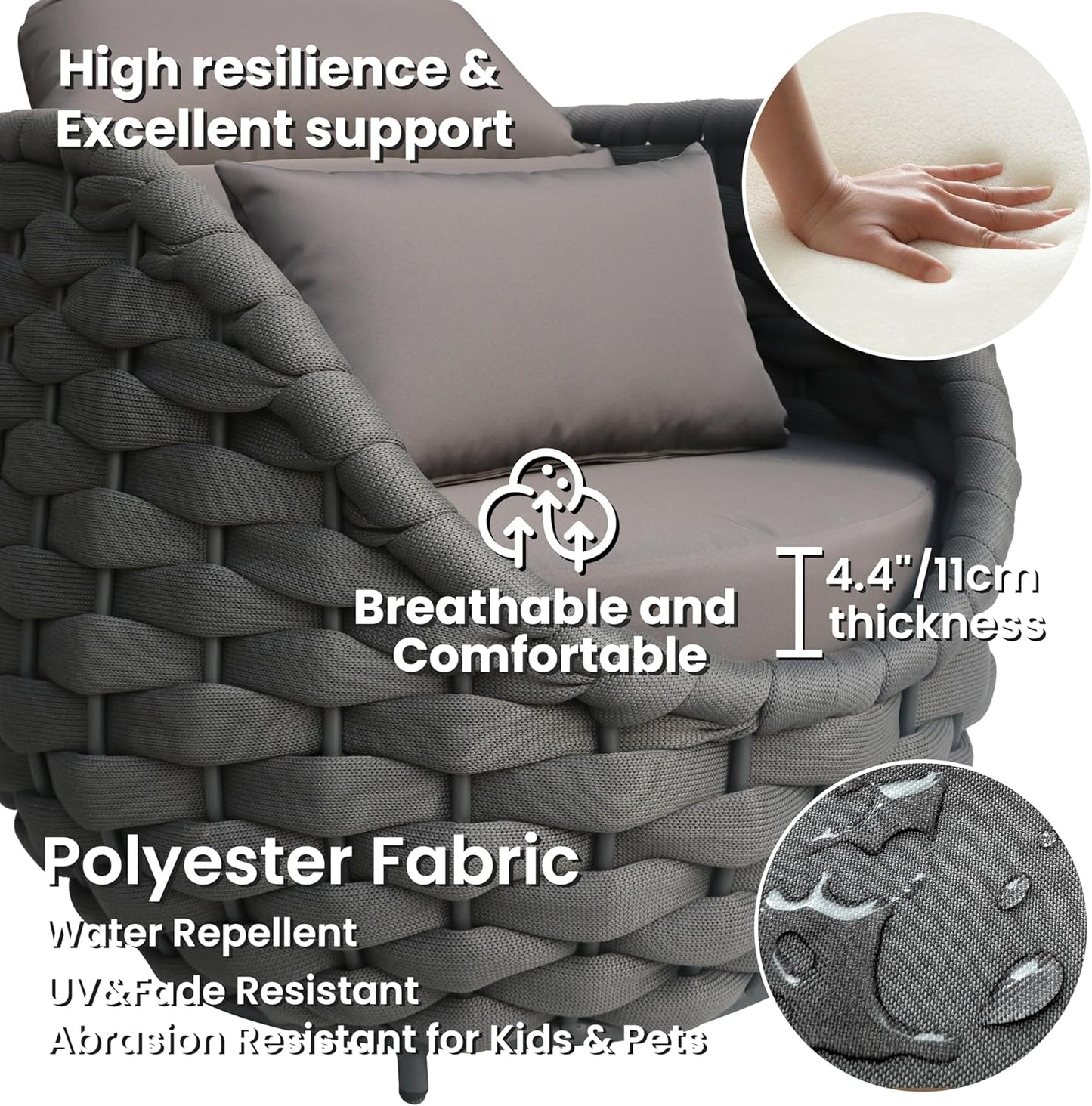 Balcony Furniture Set for Apartments: 4 Pieces Aluminum Woven Rope Patio Conversation Set - Modern Cushioned Lounge Chair Set - Assembled Porch Armchair for 400lbs Garden Lanai Hotel, Dark Grey