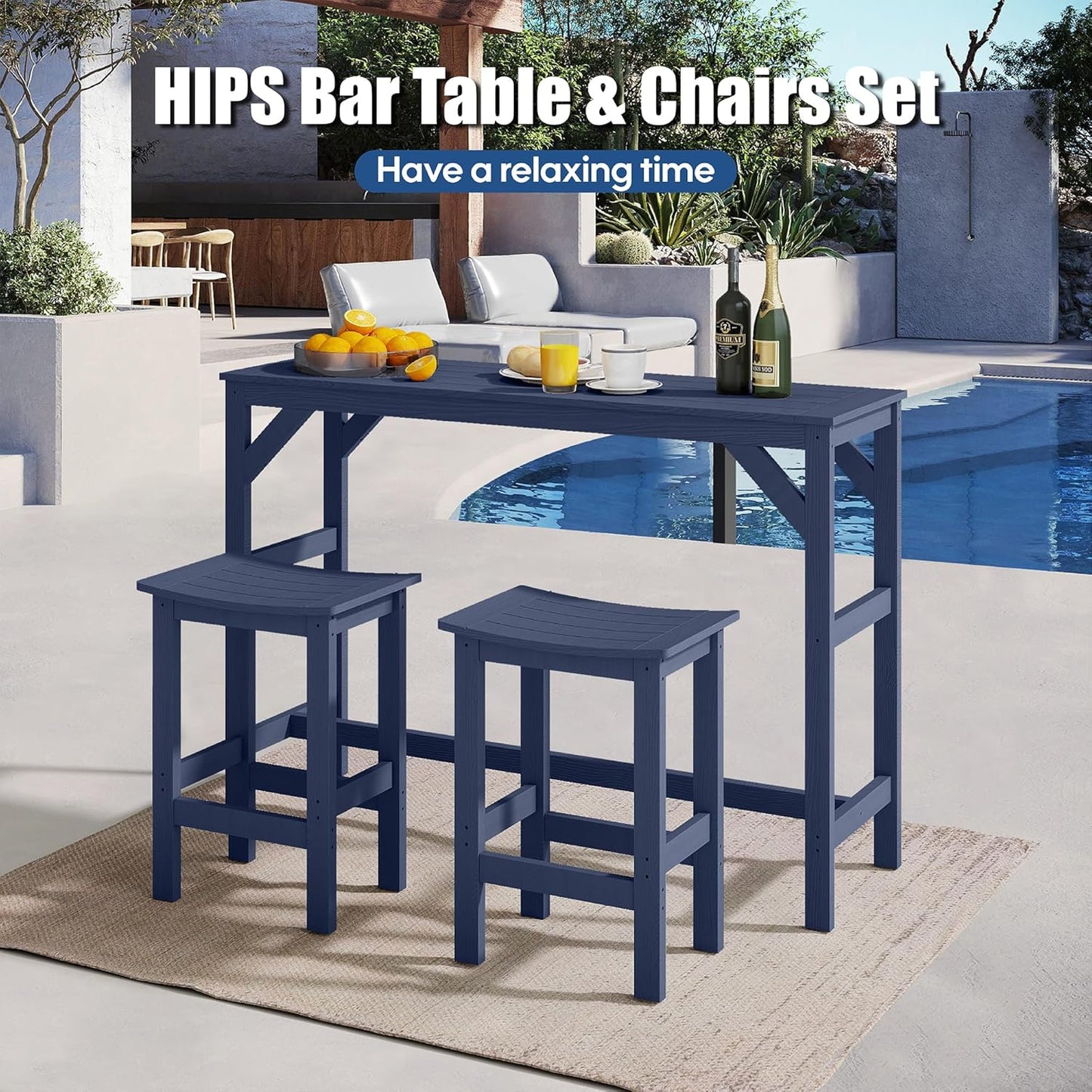 3Pcs HIPS Outdoor Patio Bar Set, All Weather HIPS Bar Table and Chairs Set for Outside, 55" Rectangular High Top Bar Table with 2 Bar Stools for Poolside, Patio, Balcony, Deck, Blue