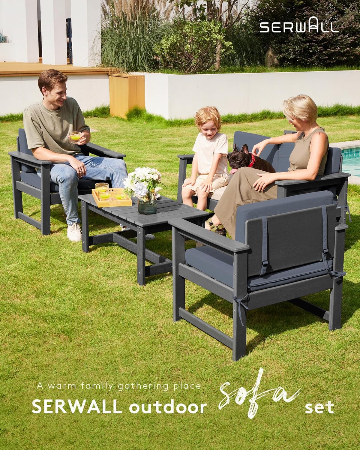 SERWALL 3 Pieces HDPE Outdoor Sofa Bistro Set with Cushions, Outdoor Furniture Sofa Sets with Coffee Table and Cushions, All Weather Conversation Social Set, Grey Frame and Grey Cushion