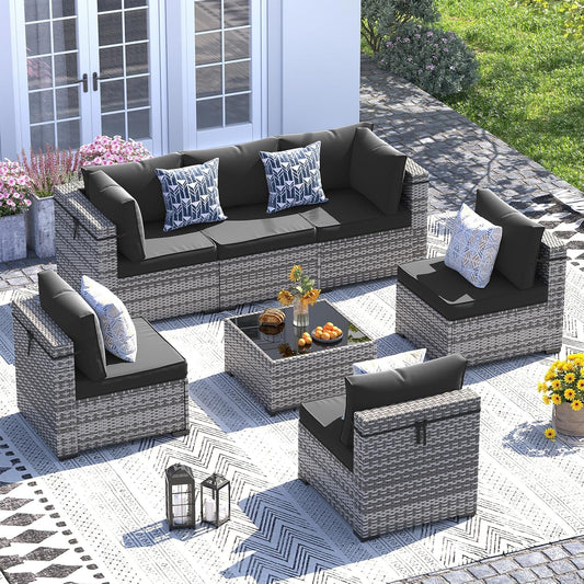 UDPATIO Patio Furniture Set, 7 Piece Outdoor Sectional Sofa,Modular Wicker Outdoor Furniture Conversation Sets with Waterproof Cover for Backyard Deck(Grey/Black)