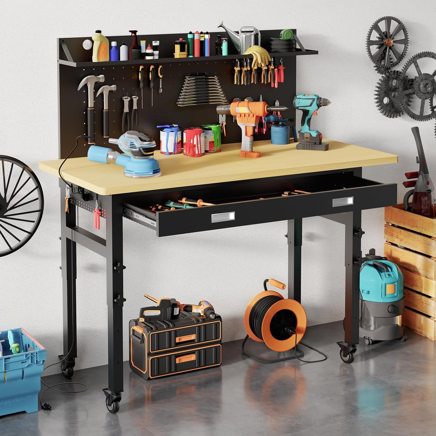 60" Heavy Duty Work Bench with Drawers, Adjustable Height 2000 Lbs Garage Workbench with Pegboard Pad & Power Outlets & Wheels, Mobile Tool Work Table for Workshop Woodworking Home Office