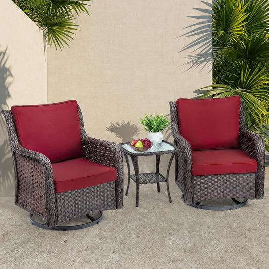 Towallmark Outdoor Swivel Wicker Glider Patio Chairs with Table Set, 3 Pieces Outdoor Bistro Set with 4”Thick Cushions and Coffee Table for Porch, Balcony, Deck (Red)