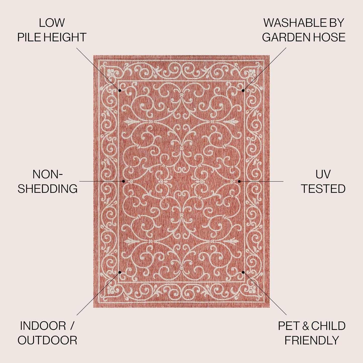 JONATHAN Y SMB106B-4R Charleston Vintage Filigree Textured Weave Red/Beige 4' Round Indoor/Outdoor Area Rug, Pet Friendly, Non-Shedding, Stain Resistant, Easy-Cleaning for Backyard, Patio, Porch