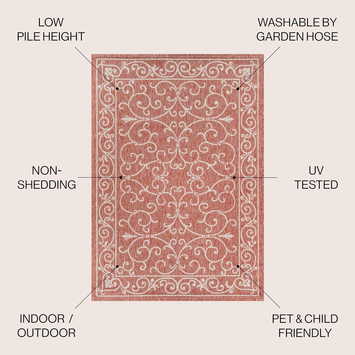 JONATHAN Y SMB106B-4SQ Charleston Vintage Filigree Textured Weave Red/Beige 4' Square Indoor/Outdoor Area Rug, Pet Friendly, Non-Shedding, Stain Resistant, Easy-Cleaning for Backyard, Patio, Porch