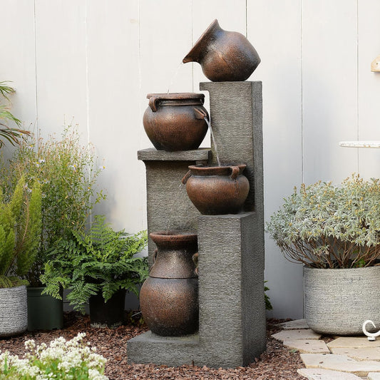 53" H Large Water Fountain Outdoor-The 4 Cascading Modern Feature Crocks Garden Fountains and Waterfalls with Warm Lights for Porch, Deck, Patio, Backyard Home Décor (Gray)