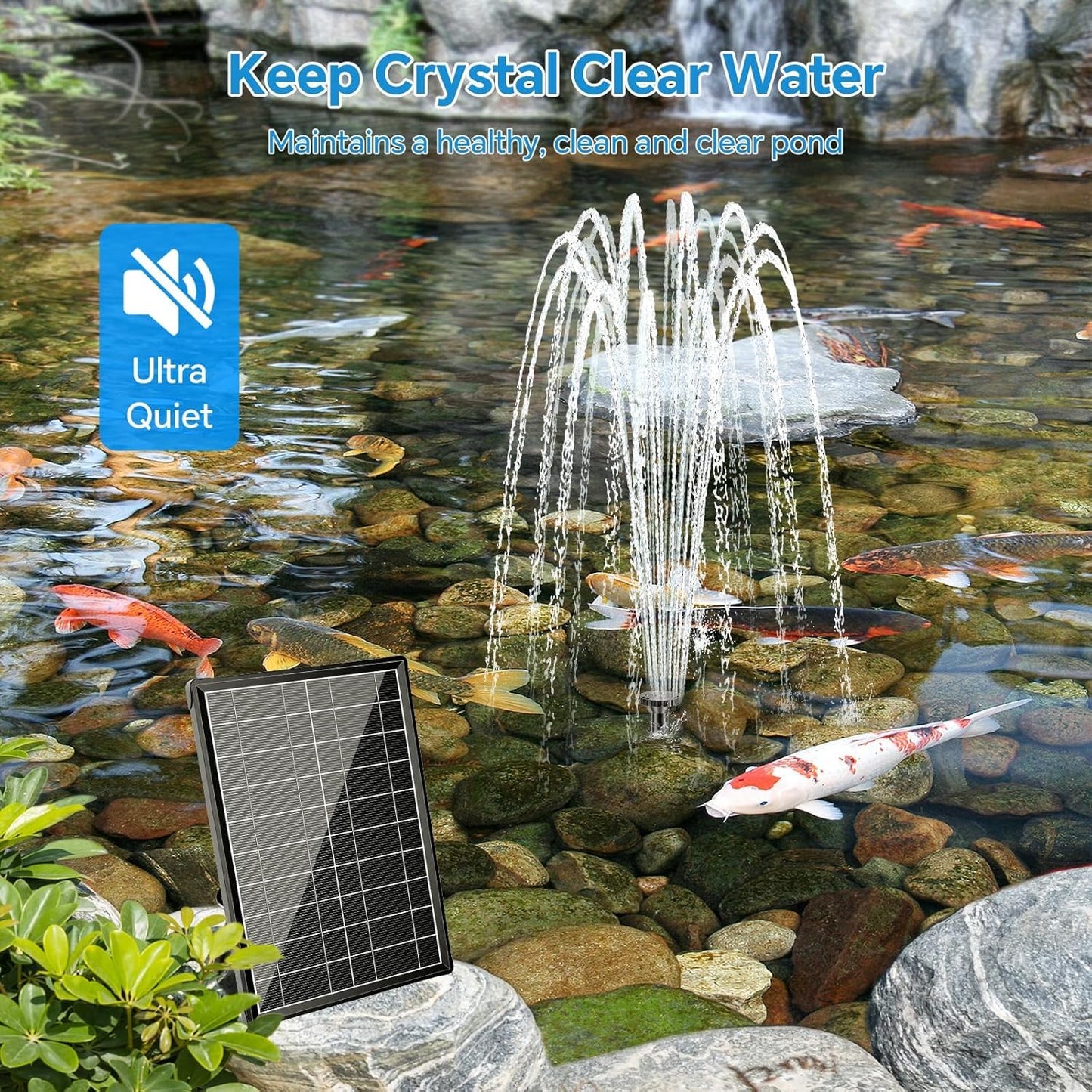 POPOSOAP Solar Fountain Pump with Pond Filter Kit Built-in 3000mAh Battery Backup, 8W Solar Water Fountain Pump, Pond Filters for Outdoor Ponds Bird Baths DIY Water Feature