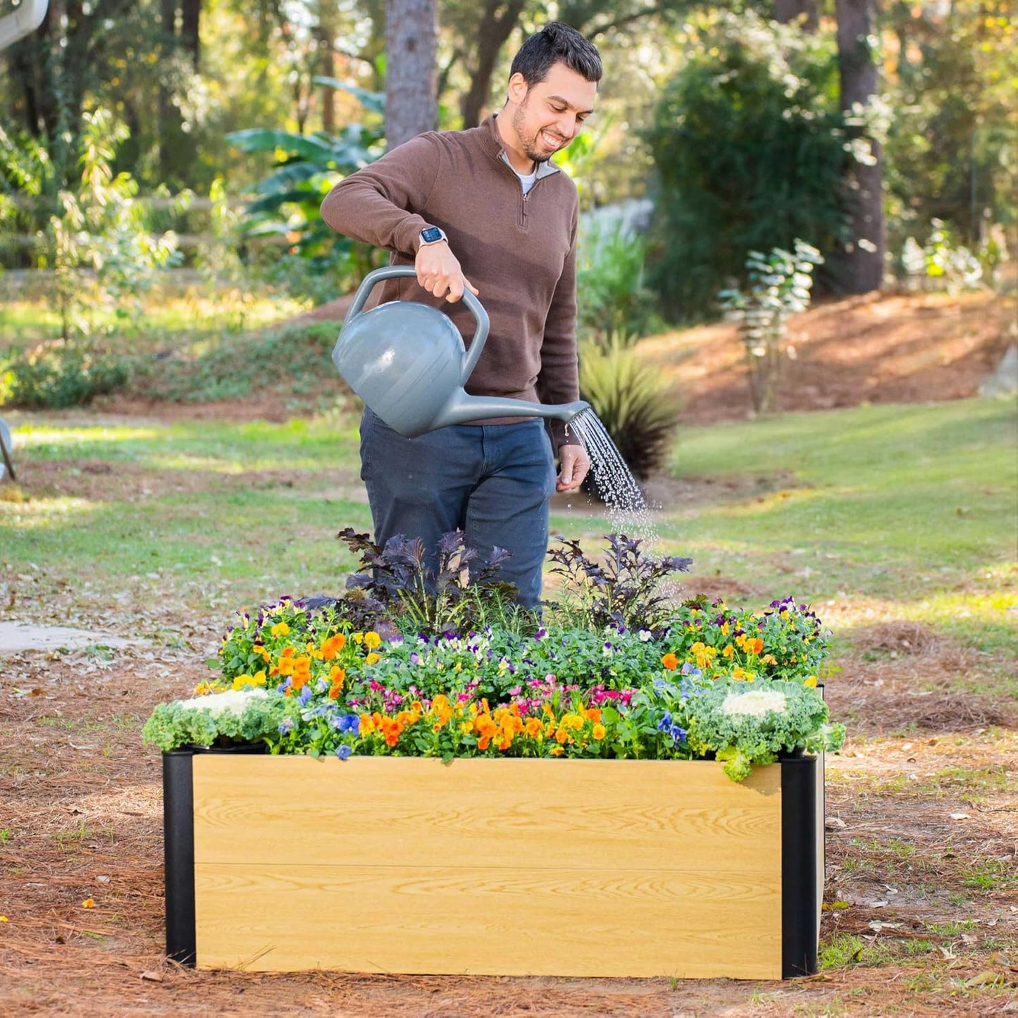 Woodgrain Series Raised Garden Bed, 4' x 4' Outdoor Wooden-Look Metal Planter Box for Gardening Vegetables Flowers Herbs