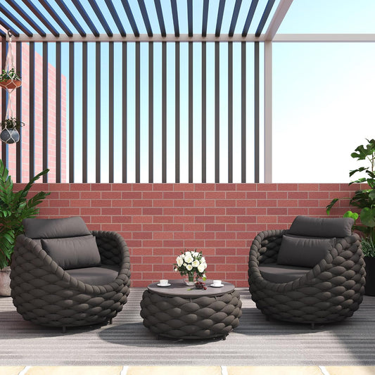 TWT 3 Pieces Aluminum Patio Furniture Set, Hand Woven Polyester Rope Modern Outdoor Set w/Washable Cushion Conversation Sofa Set Apartment Furniture for Poolside Balcony (Dark Grey)