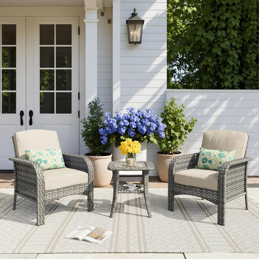 HOOOWOOO Patio Furniture Set,3 Pieces Outdoor Conversation Set,All Weather Wicker Bistro Set Yard Porch High Back Chairs Side Table,Beige