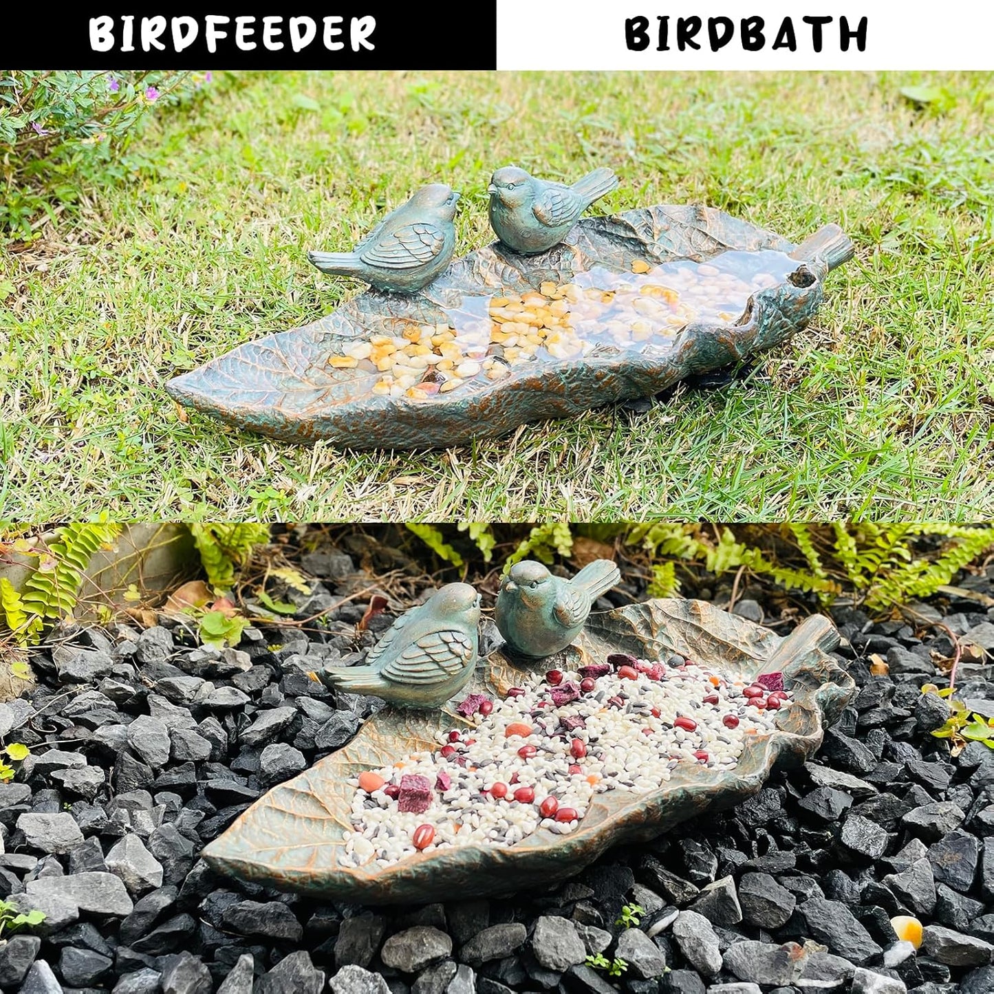 Outdoor Garden Bird Bath Sculpture, Polyresin on Leaf Bird Feeder, Garden Patio Deck Ground Gifts for The Family