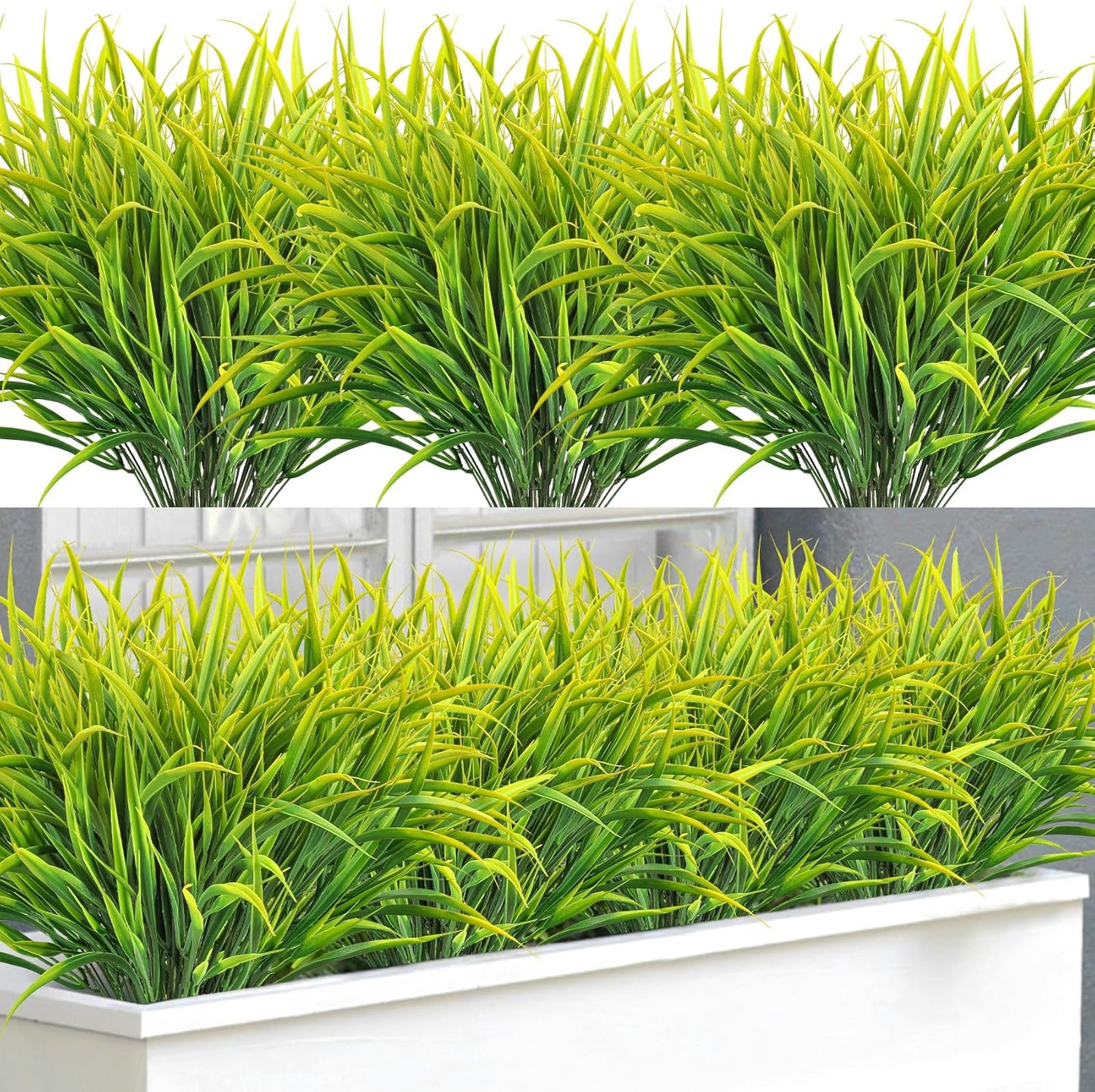 Ouddy Decor 16 Bundles Artificial Plants Outdoor Fake Grass Greenery Stems UV Resistant Faux Plastic Plants Shrubs for Spring Summer Home Garden Pathway Window Box Front Porch Decor, Yellow