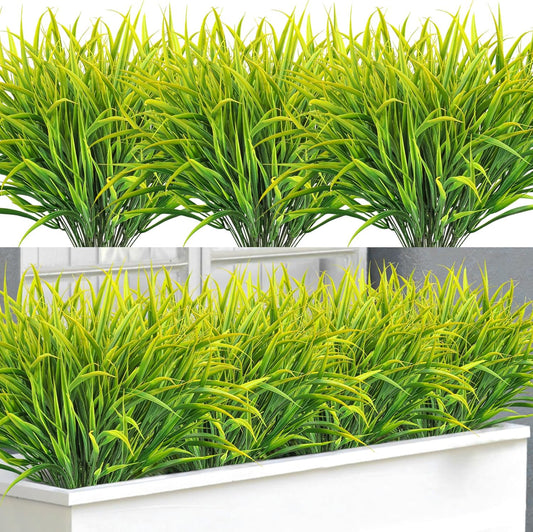 Ouddy Decor 16 Bundles Artificial Plants Outdoor Fake Grass Greenery Stems UV Resistant Faux Plastic Plants Shrubs for Spring Summer Home Garden Pathway Window Box Front Porch Decor, Yellow