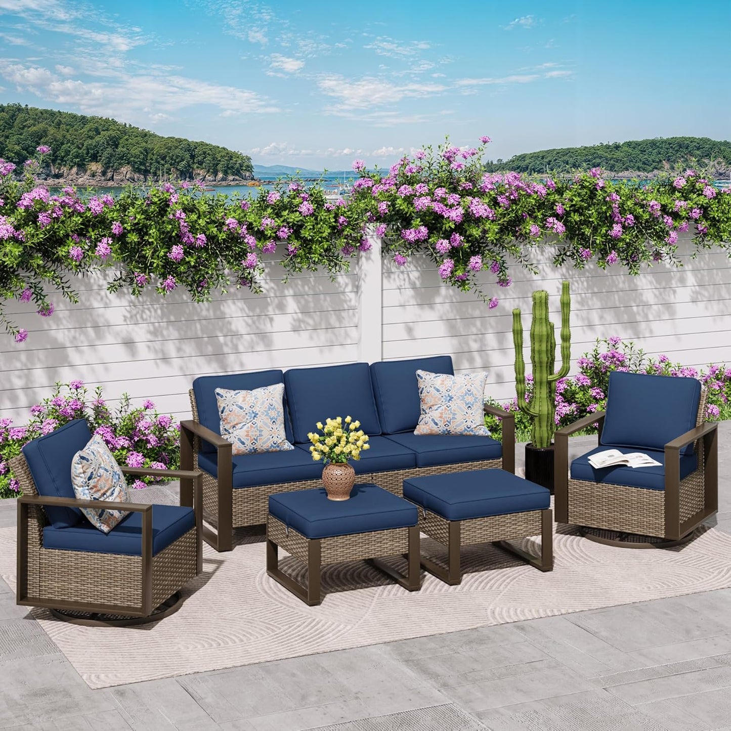 5 Pieces Metal Wicker Patio Furniture Set with 75" Sofa, Two Swivel Chairs and Two Ottomans, All Weather Rattan Outdoor Conversation Furniture with Washable Cushions for Porch, Dark Blue