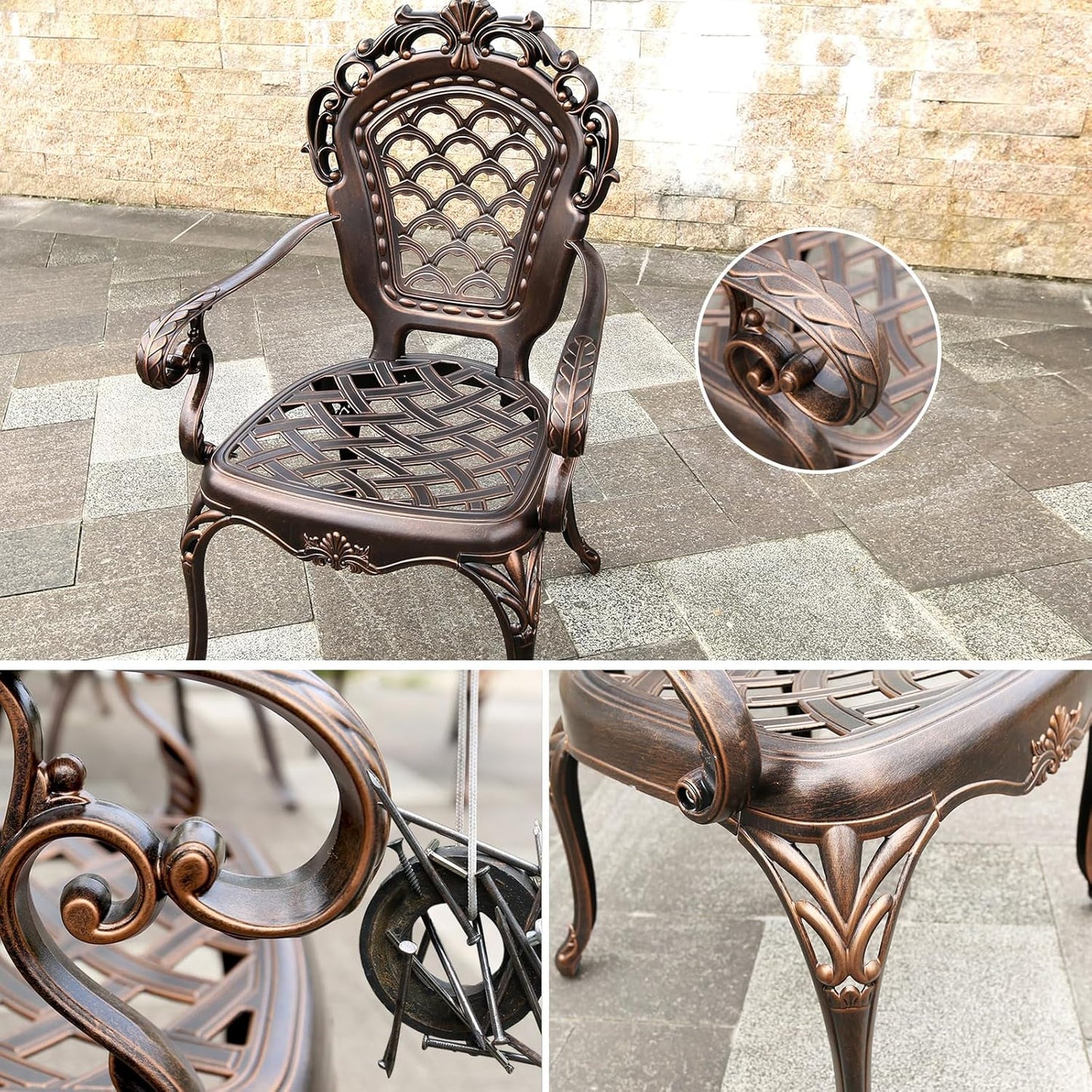 Outdoor Dining Chair Cast Aluminum Patio Chairs Set of 2 All-Weather Patio Dining Chair with Adjustable Feet for Backyard Garden (Slanted Grid Round Chair)