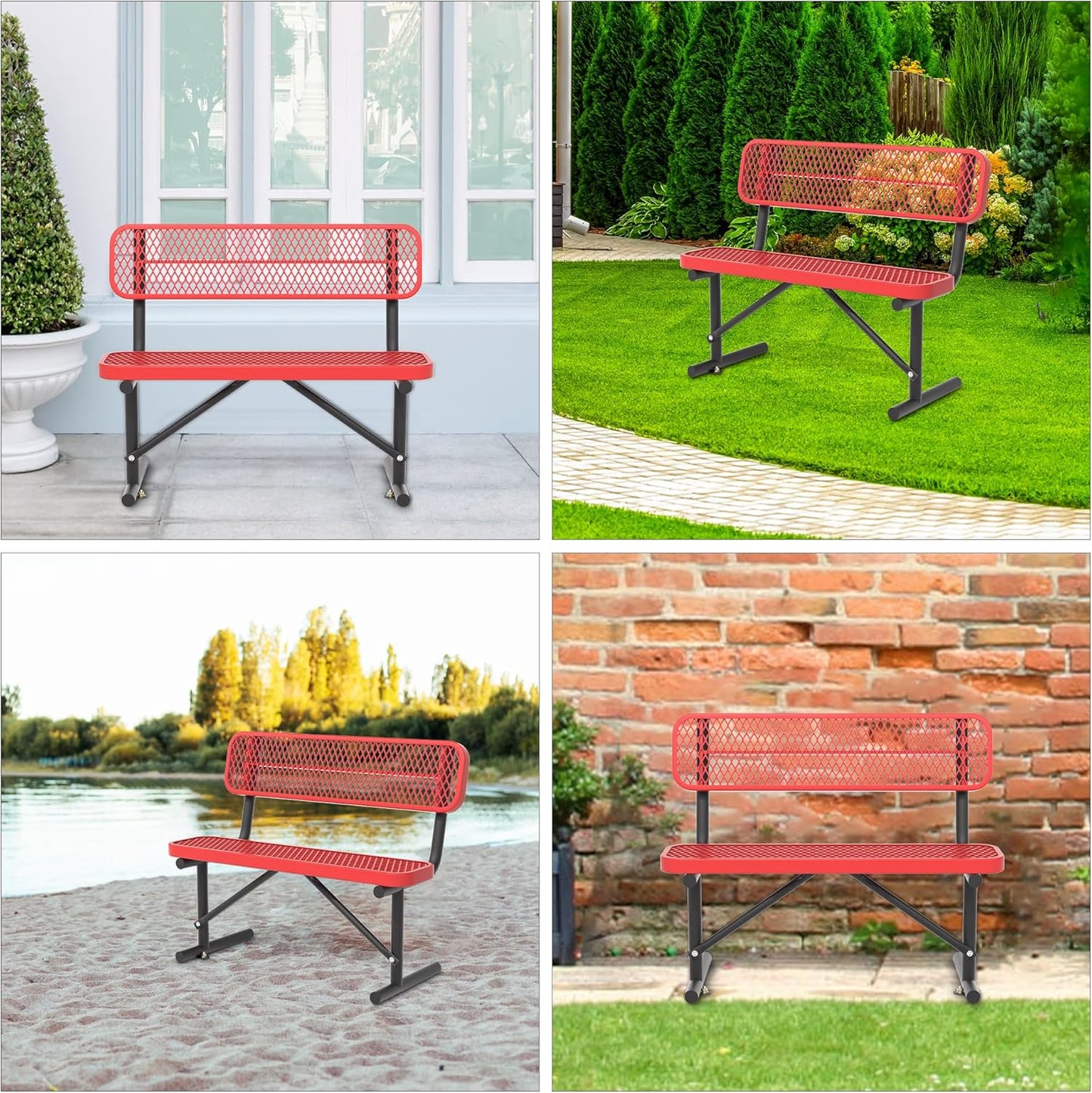 4FT Park Bench for Outside, Heavy-Duty Garden Bench W/ Back, Red Outdoor Metal Bench for Sitting Area, Commercial Bench for School Patio Porch Backyard Sports Church Locker Room Shopping Centers