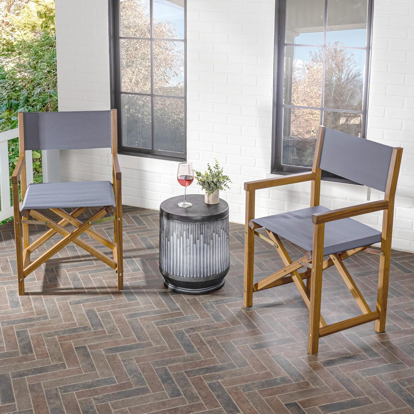 JONATHAN Y DRC1000A-SET2 Cukor Classic Vintage Outdoor Acacia Wood Folding Director Chair with Canvas Seat Mid-Century, Modern, Traditional, Bohemian, Coastal, Minimalist, Gray/Teak Brown (Set of 2)