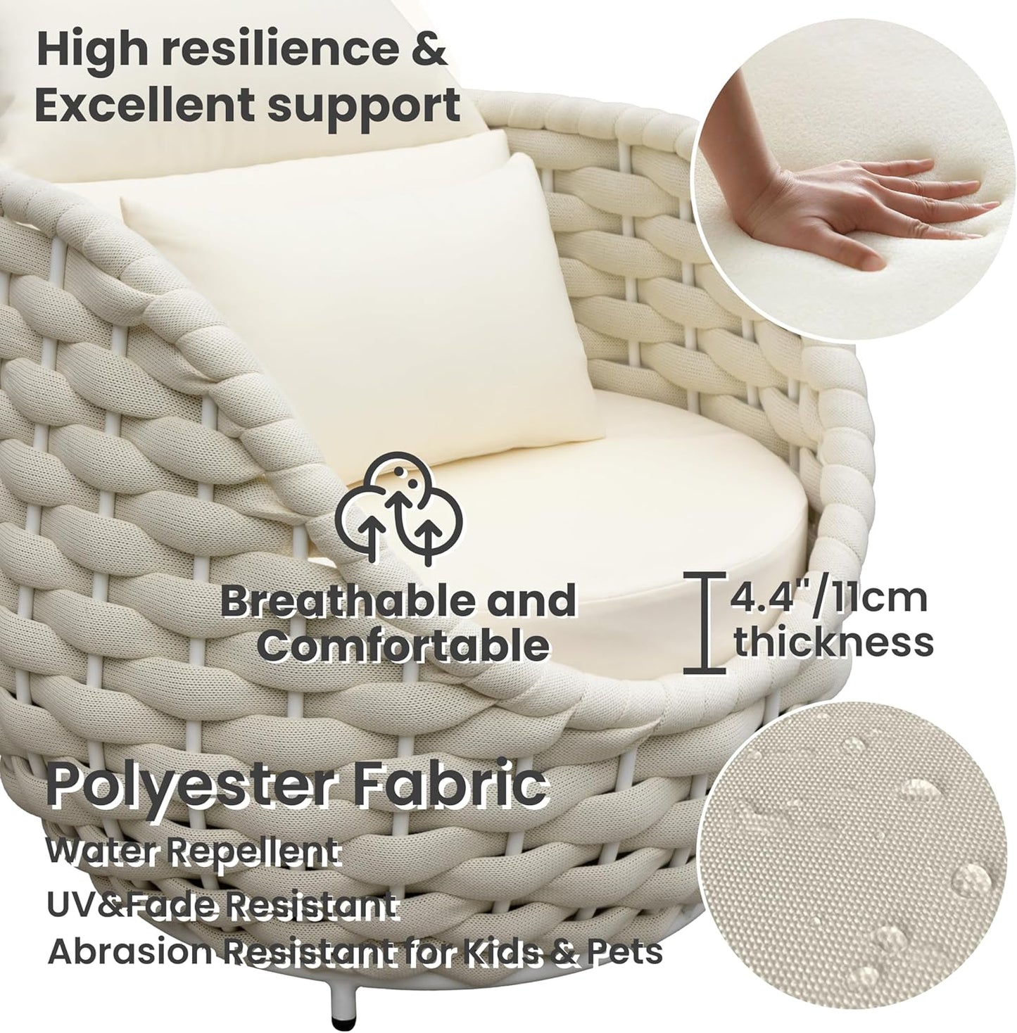 Woven Rope Patio Chair and Table Set: 2 Pieces Aluminum Front Porch Furniture Set - Assembled Outdoor Deck Lounge Armchair Set Cushioned - for 400 lbs Balcony Pool Yard Garden Hotel Lanai, Beige