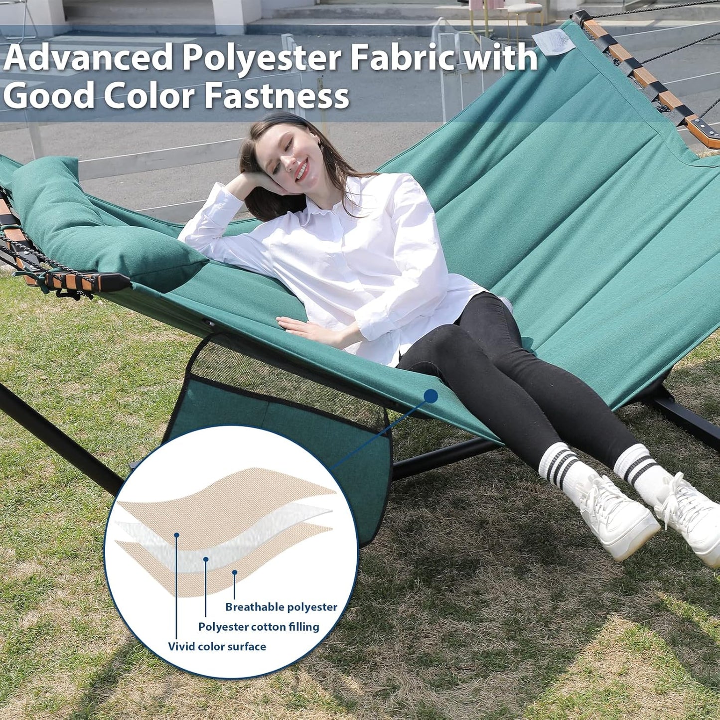 TegerDeger 12FT 2 Person Hammock with Stand Included 55 x 79IN Large Hammock 450LB Capacity with Hardwood Spreader Bar & Nylon Rope for Outside, Patio, Garden, Backyard, Beach, Poolside - Lake Blue