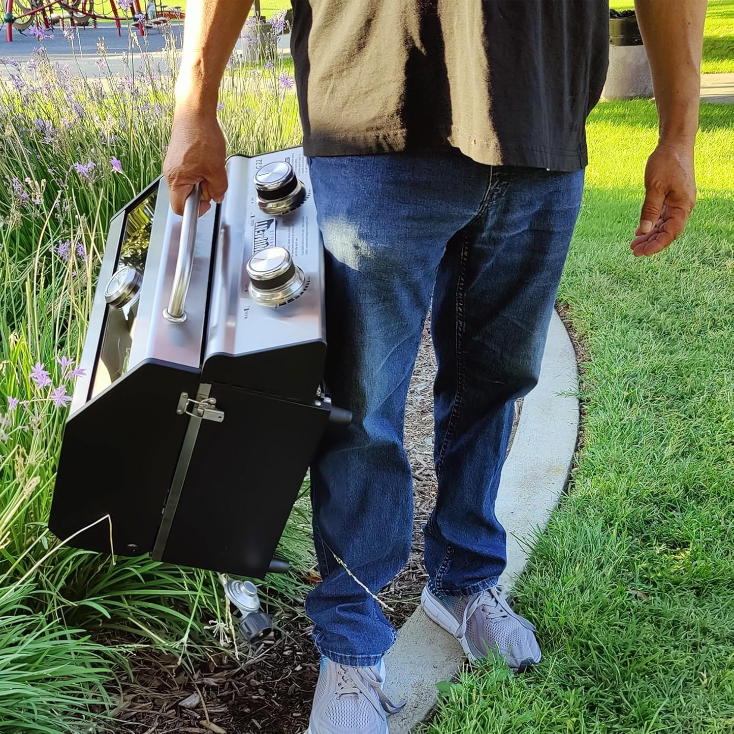 Portable Propane Gas Grill 2-Burner Tabletop Clearview® Monument Grills for Outdoor Camping Cooking, Two 15,000 BTU Burners, Stainless Steel, and Built-in Thermometer