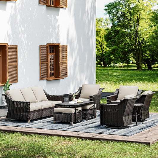 Joyside Wicker Patio Furniture Sets, 9 Pieces Upgraded Large Size Outdoor Furniture with Swivel Rocking Patio Chairs, Patio Dining Chair, 3-Seat Sofa, Outdoor Ottoman, Coffee Table, Thick Cushions