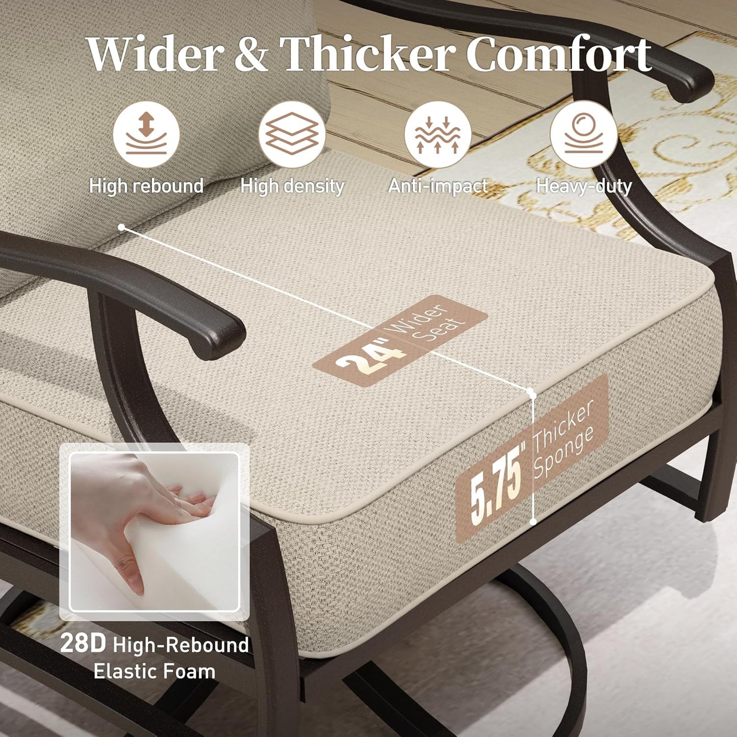 Metal Outdoor Swivel Patio Chairs Set of 2 with 5.75" Extra Thick Cushion, 2 Piece High Back Swivel Rocker Patio Chairs Outdoor Furniture Seating for Deck Balcony Front Porch, Beige