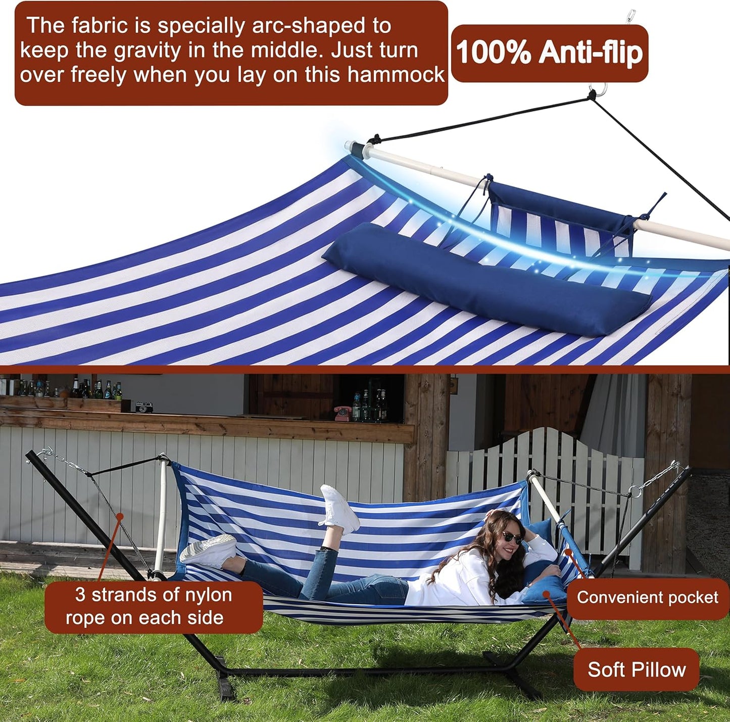 TegerDeger Anti-flip 12FT Hammock Large Hammock 450LB Capacity with Iron Spreader Bar & Nylon Rope for Outside, Patio, Garden, Backyard, Beach - Blue Strips