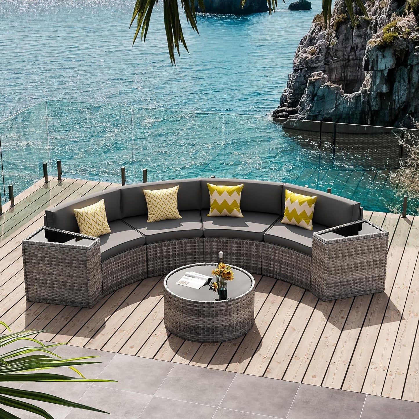 Patio Sectional Furniture Outdoor 7-Piece Grey Rattan Curved Sofa Set with Storage Table, Fit for Pool Backyard Balcony Porch Lawn (Grey)