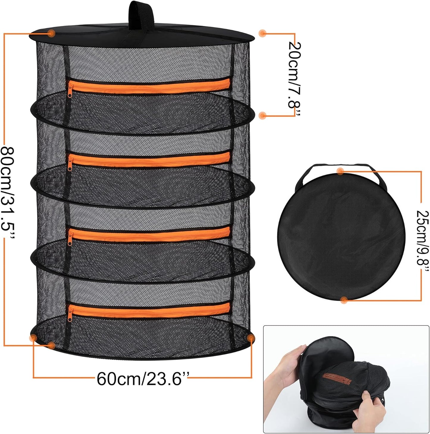 Desy & Feeci Herb Drying Rack-2ft Diameter 4 Layer Folding Mesh Hanging Basket Dryer Net with Zippers for Seeds Flowers Buds Plants Garden Outdoor Bumper Harvest(D24xH31 inch)