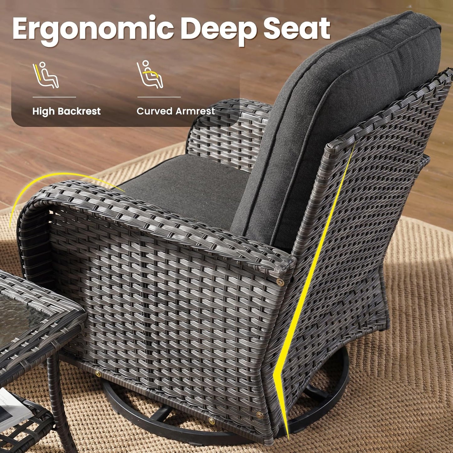 ovios 3 Pieces Patio Furniture Set, Outdoor Rocking Chairs of 2, Wicker Swivel Glider Chairs with Side Table Thick Cushions, All Weather Rattan Bistro Set for Porch, Black